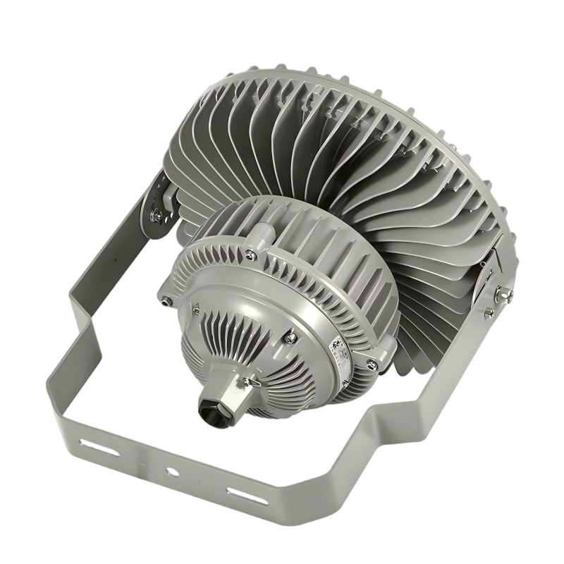 Rear diagonal view LONTU Round LED Explosion Proof High Bay Light, gray large curved fin heat sink aluminum housing with U-type adjustable mounting bracket