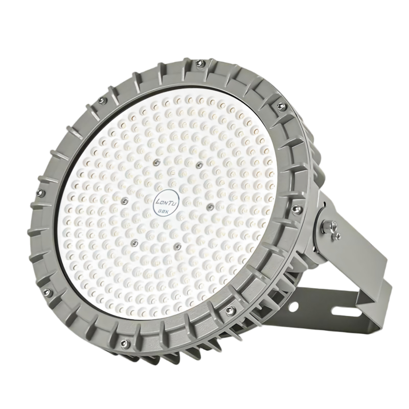 Front diagonal view LONTU brand round LED Explosion Proof High Bay Light, gray gear-edge die-cast aluminum heat sink housing with adjustable U mounting bracket