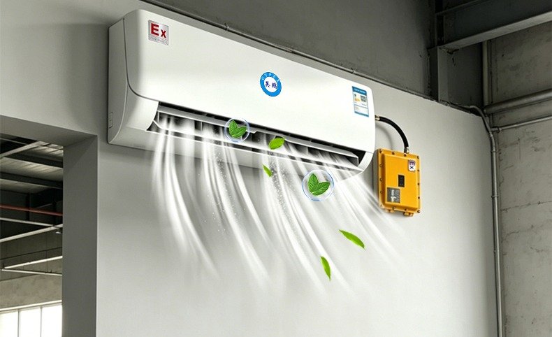 Explosion-proof wall-mounted air conditioner with Ex certification installed on the wall of an industrial workshop