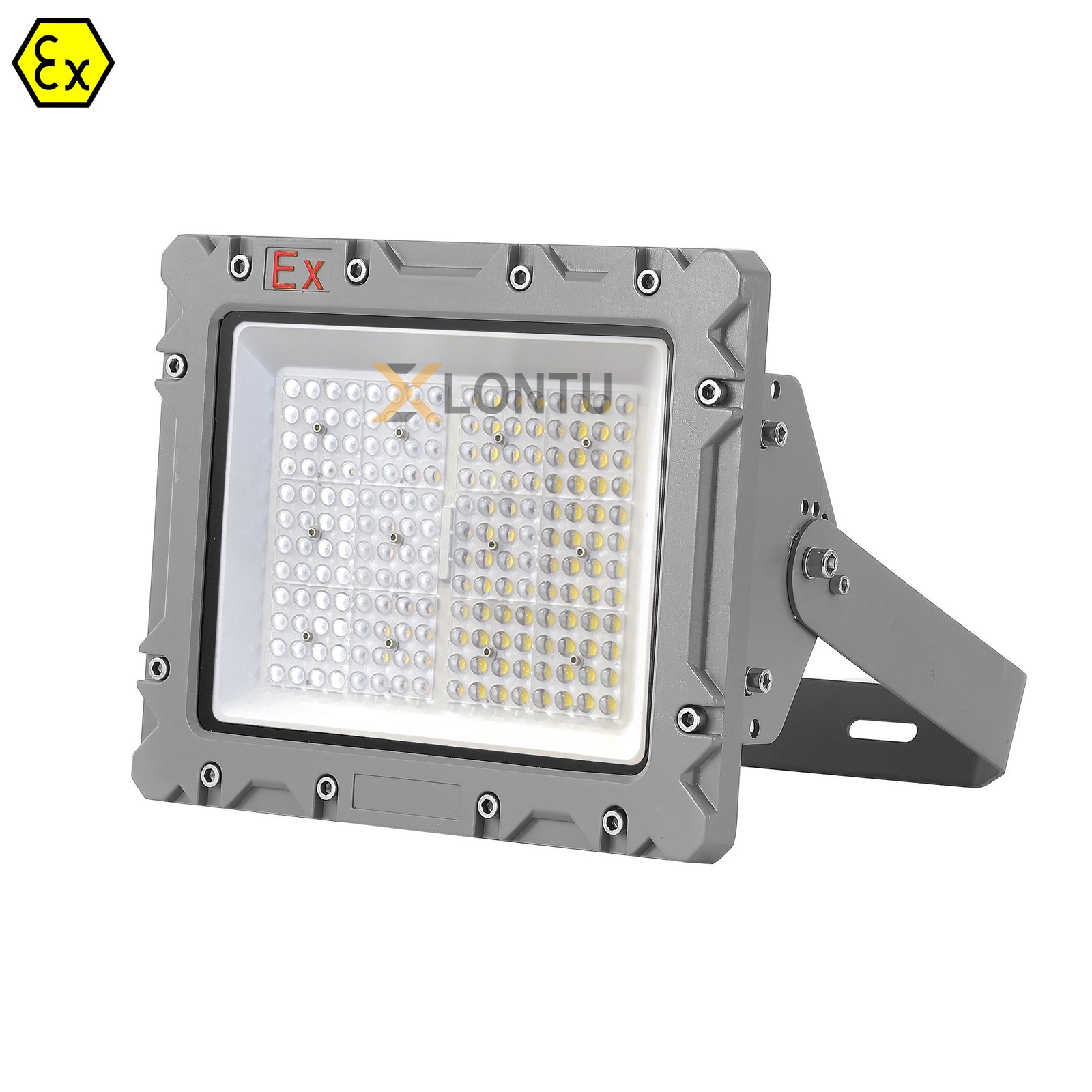 SZK-TGD 120-200W explosion proof LED flood light side angle view with adjustable mounting bracket – ATEX IECEx certified, IP68 IK10 floodlight.
