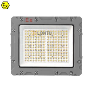 SZK-TGD 120-200W explosion proof LED flood light with lens, front view – ATEX IECEx certified, IP68 IK10 municipal floodlight for hazardous locations.