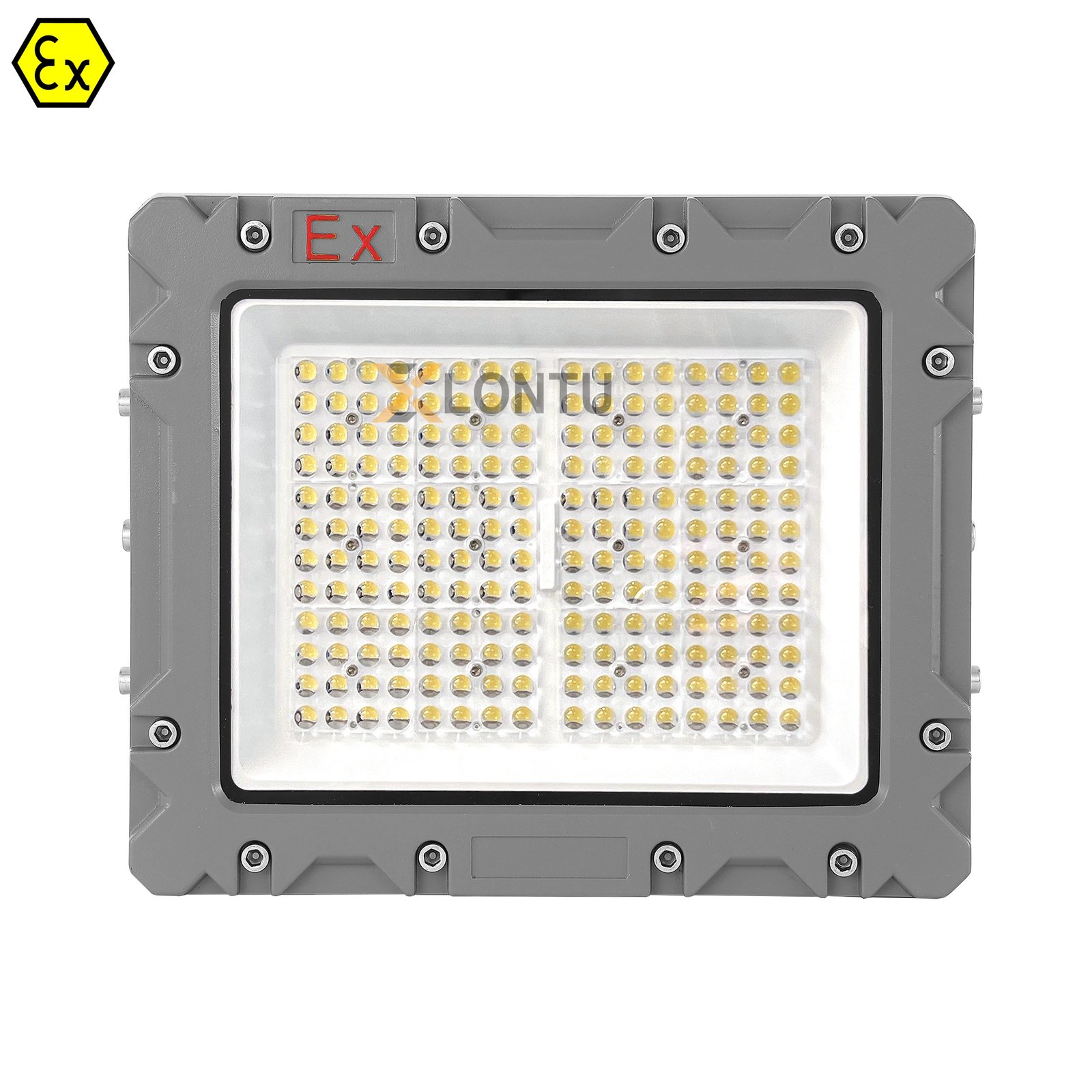 SZK-TGD 120-200W explosion proof LED flood light with lens, front view – ATEX IECEx certified, IP68 IK10 municipal floodlight for hazardous locations.