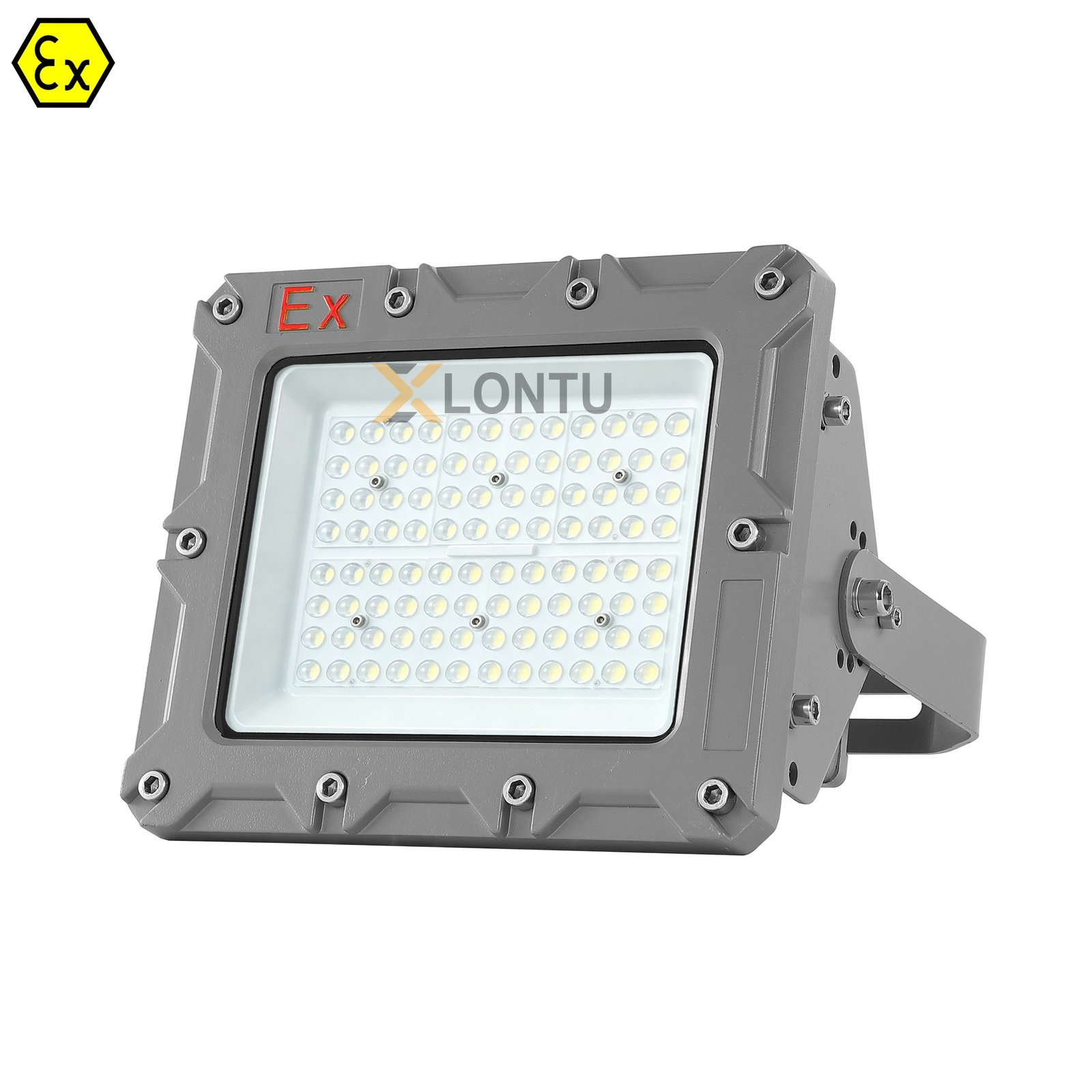 SZK-TGD 50-100W explosion proof LED flood light side angle view with adjustable mounting bracket – ATEX Ex d IIC T6, IP66 IK09 hazardous area floodlight.
