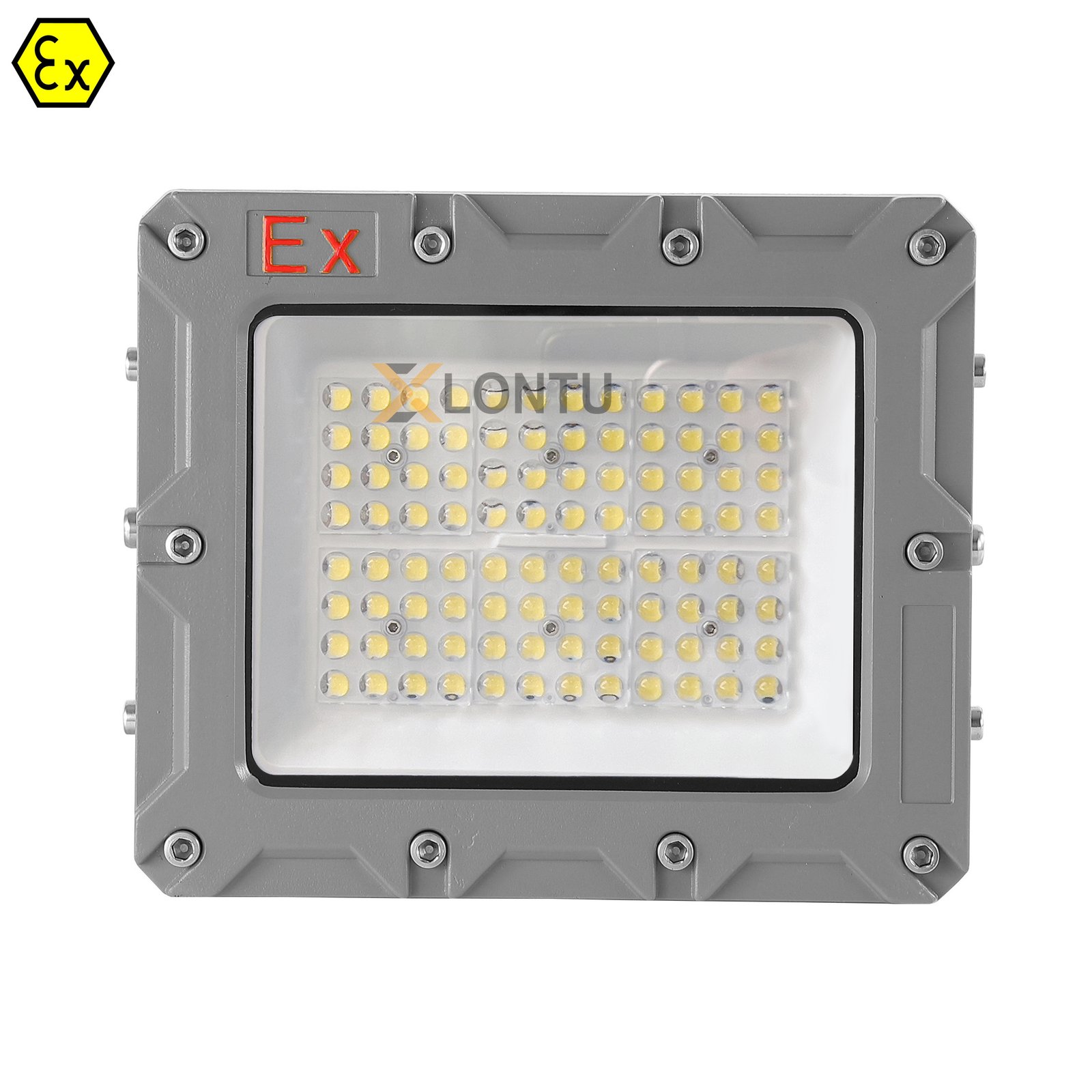 SZK-TGD 50-100W explosion proof LED flood light with lens, front view – ATEX Ex d IIC T6 certified, IP66 IK09 municipal street floodlight for hazardous areas.